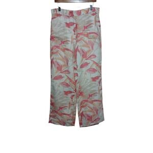 Chicos Tropical Leaf Print Wide Leg Linen Blend Pants Pink Orange Size 1.5 L